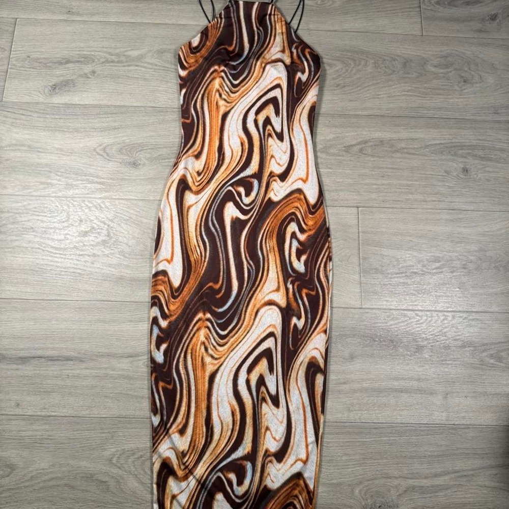 Fashion Nova Brown Swirl Print Bodycon Midi Dress Halter Neck Multi Color